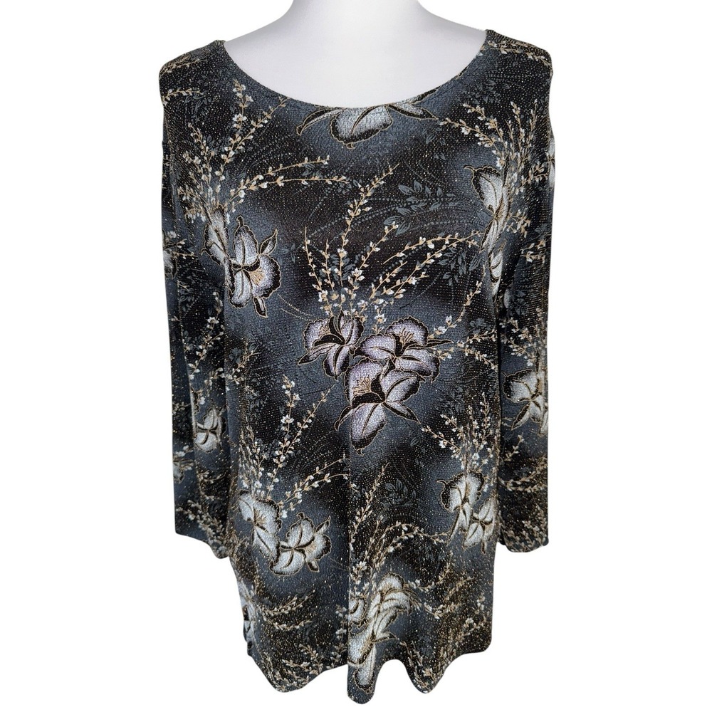 N Touch Floral Metallic Knit Top Womens Medium Gray Black 3/4 Sleeve USA VTG